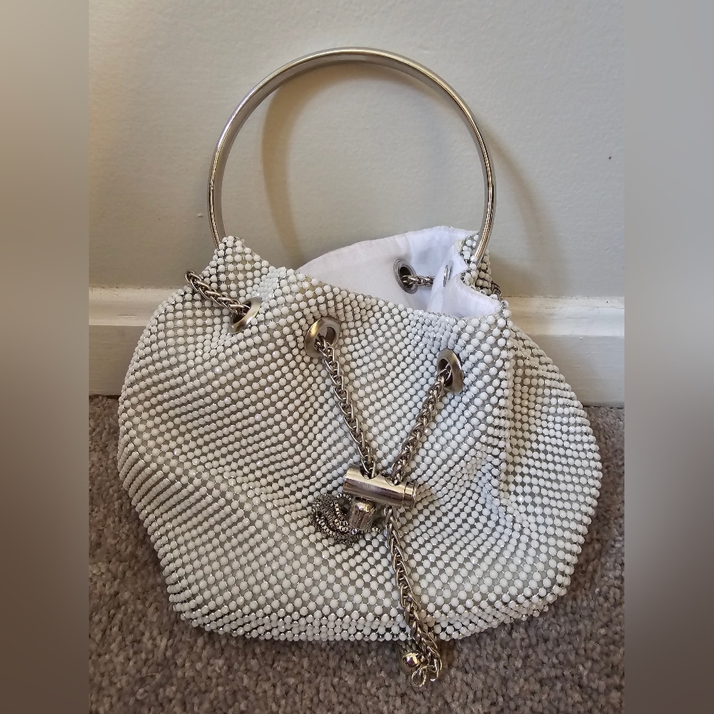 Elegant White Beaded Women's Bag w/ Tassle Closure and Ring Handle